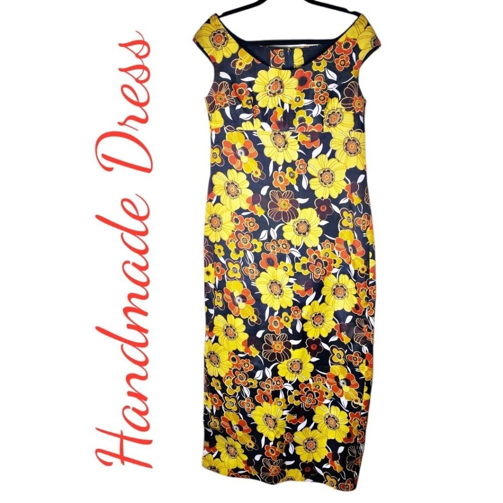 HANDMADE GHANA SEMI FORMAL‎ MAXI DRESS 70S FLORAL VINTAGE VIBES BROWN YELLOW